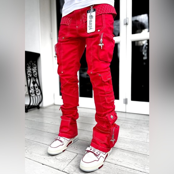 NWT Guapi Limited Edition Blood Red Contrast Stacked Cargo Pants Sz Mens 32 - Picture 1 of 16